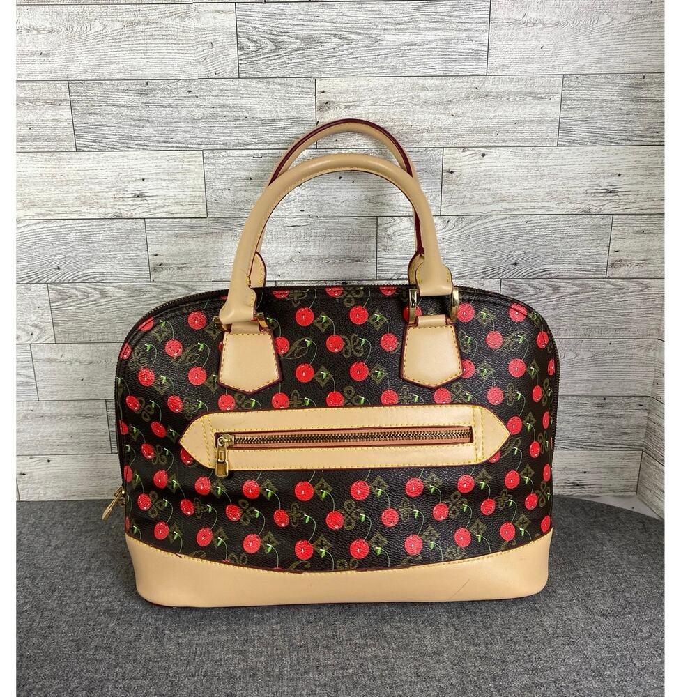 DIOPHY CHERRY HANDBAG Brown Red Print Satchel Purse Double Handle